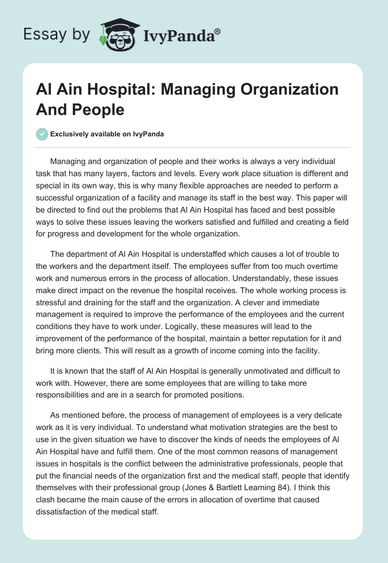 Al Ain Hospital: Managing Organization And People. Page 1