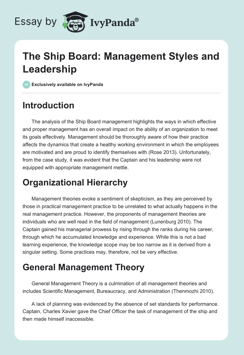 The Ship Board: Management Styles and Leadership. Page 1