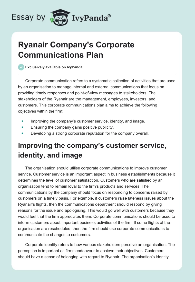 Ryanair Company's Corporate Communications Plan. Page 1