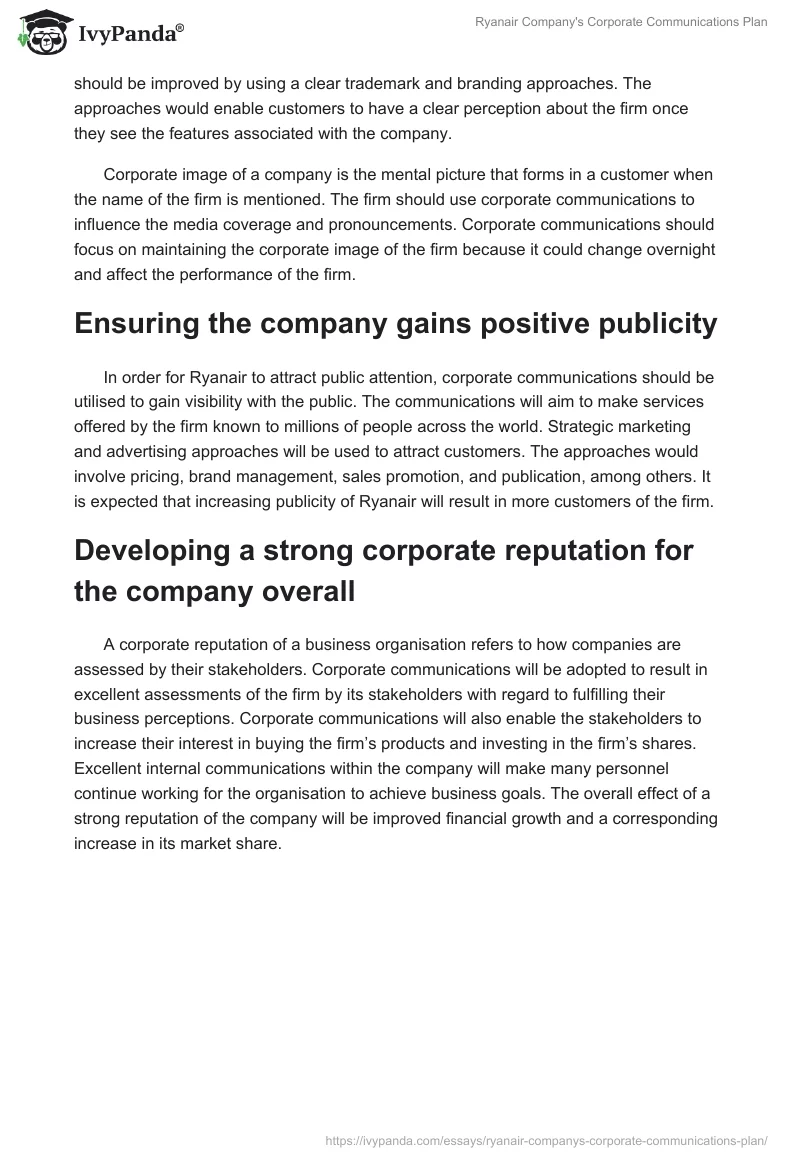 Ryanair Company's Corporate Communications Plan. Page 2