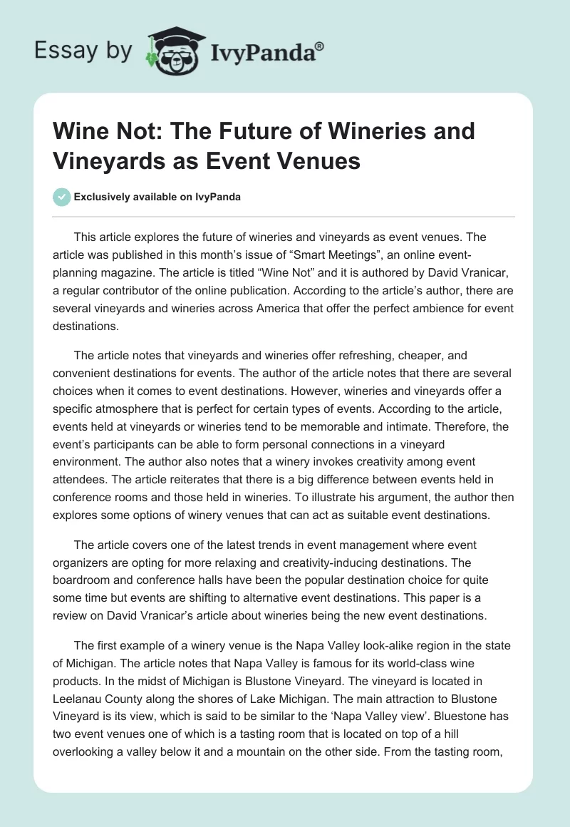 Wine Not: The Future of Wineries and Vineyards as Event Venues. Page 1