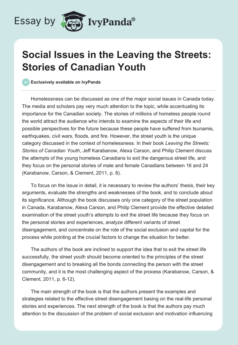 Social Issues in the "Leaving the Streets: Stories of Canadian Youth". Page 1