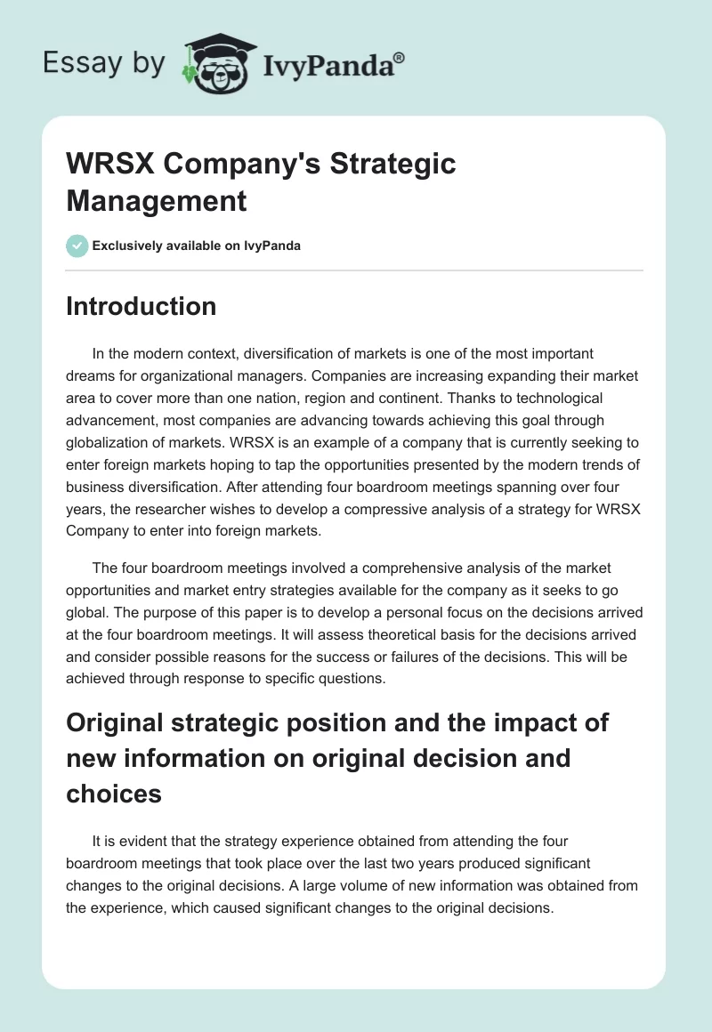 WRSX Company's Strategic Management. Page 1