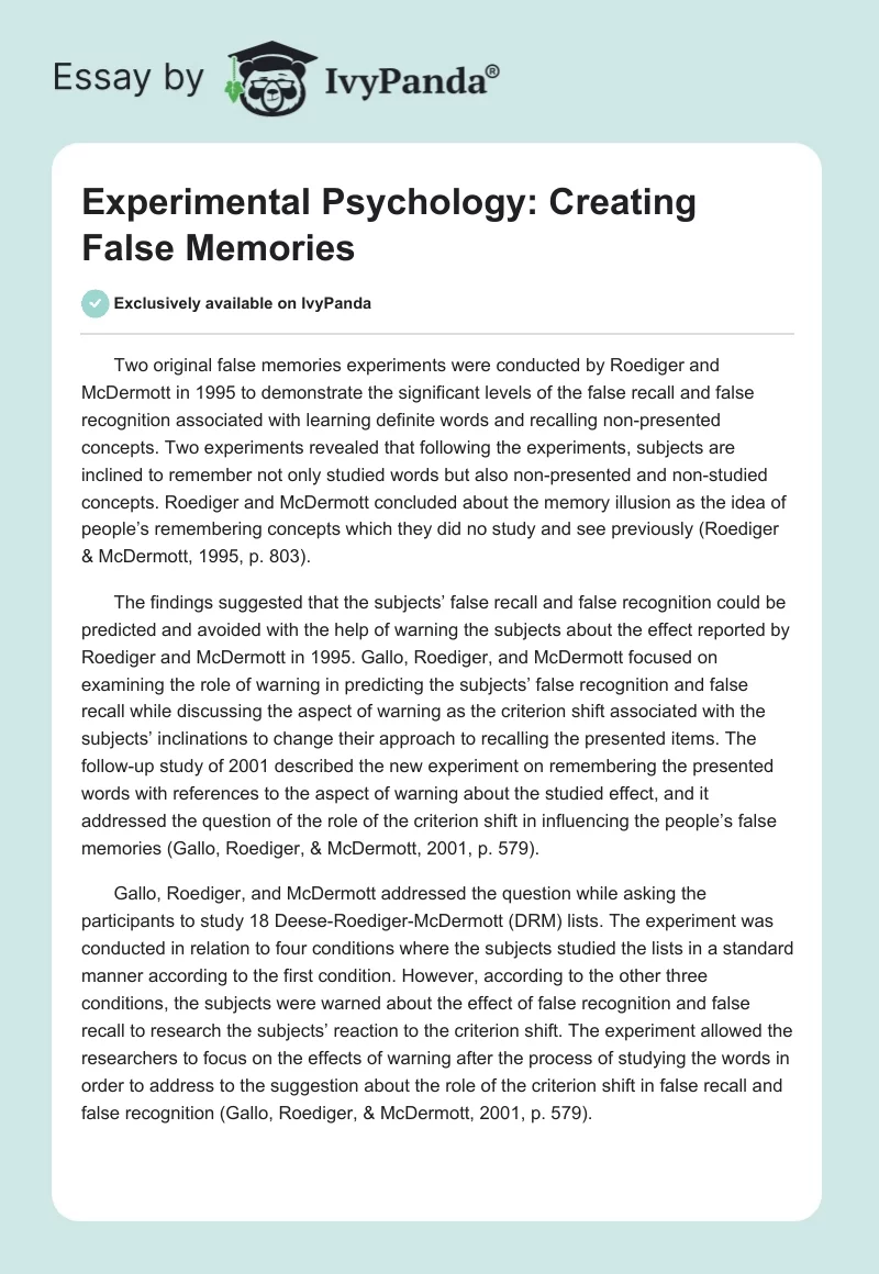 Experimental Psychology: Creating False Memories. Page 1
