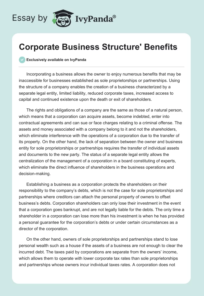 Corporate Business Structure' Benefits. Page 1