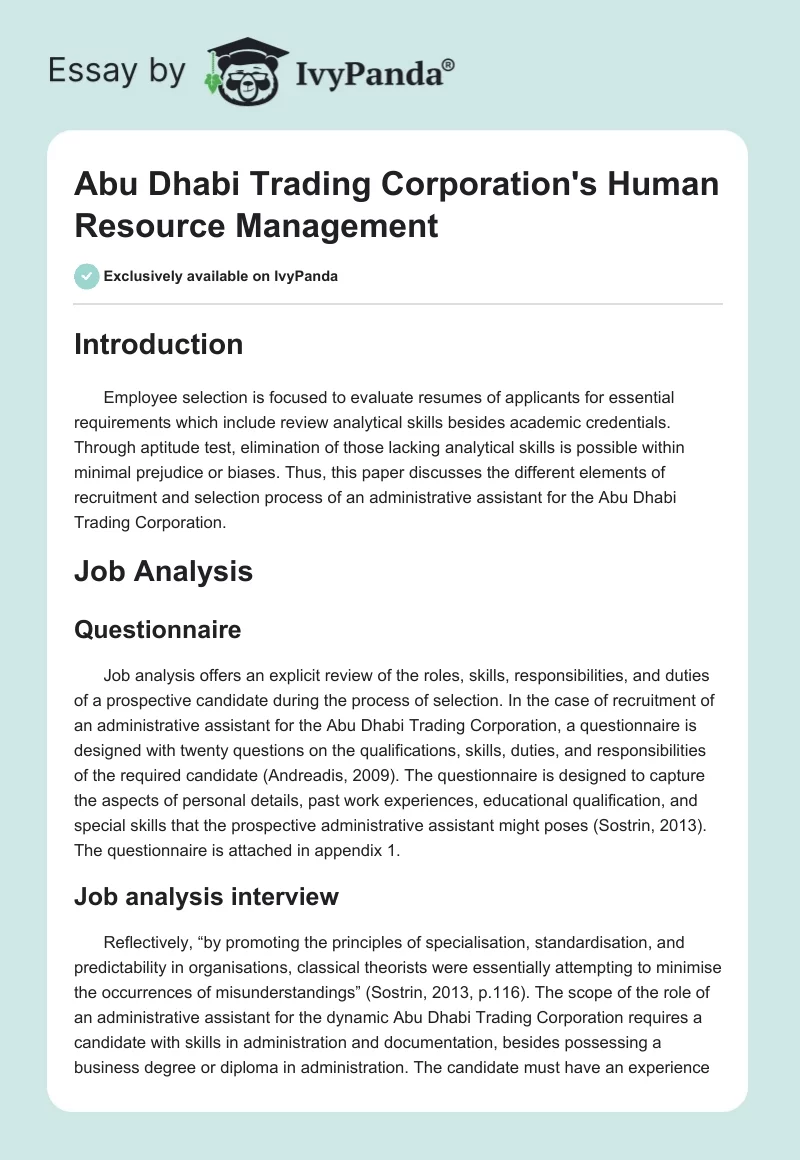 Abu Dhabi Trading Corporation's Human Resource Management. Page 1