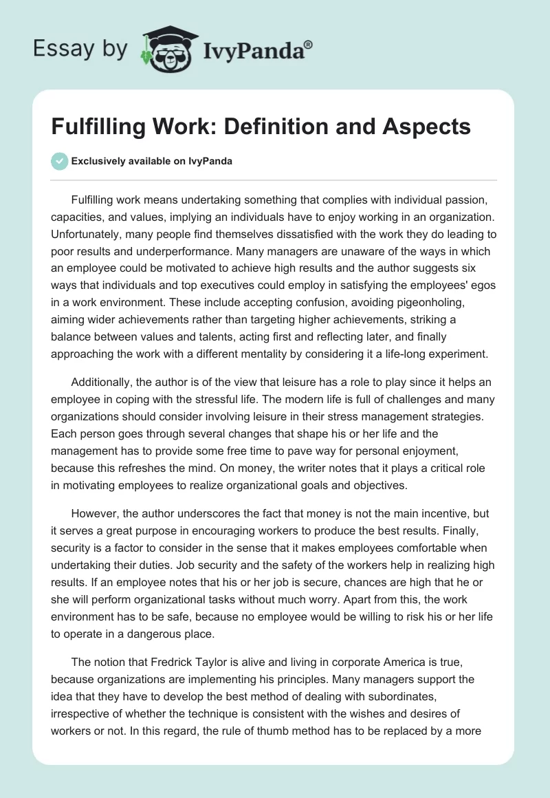 Fulfilling Work: Definition and Aspects. Page 1