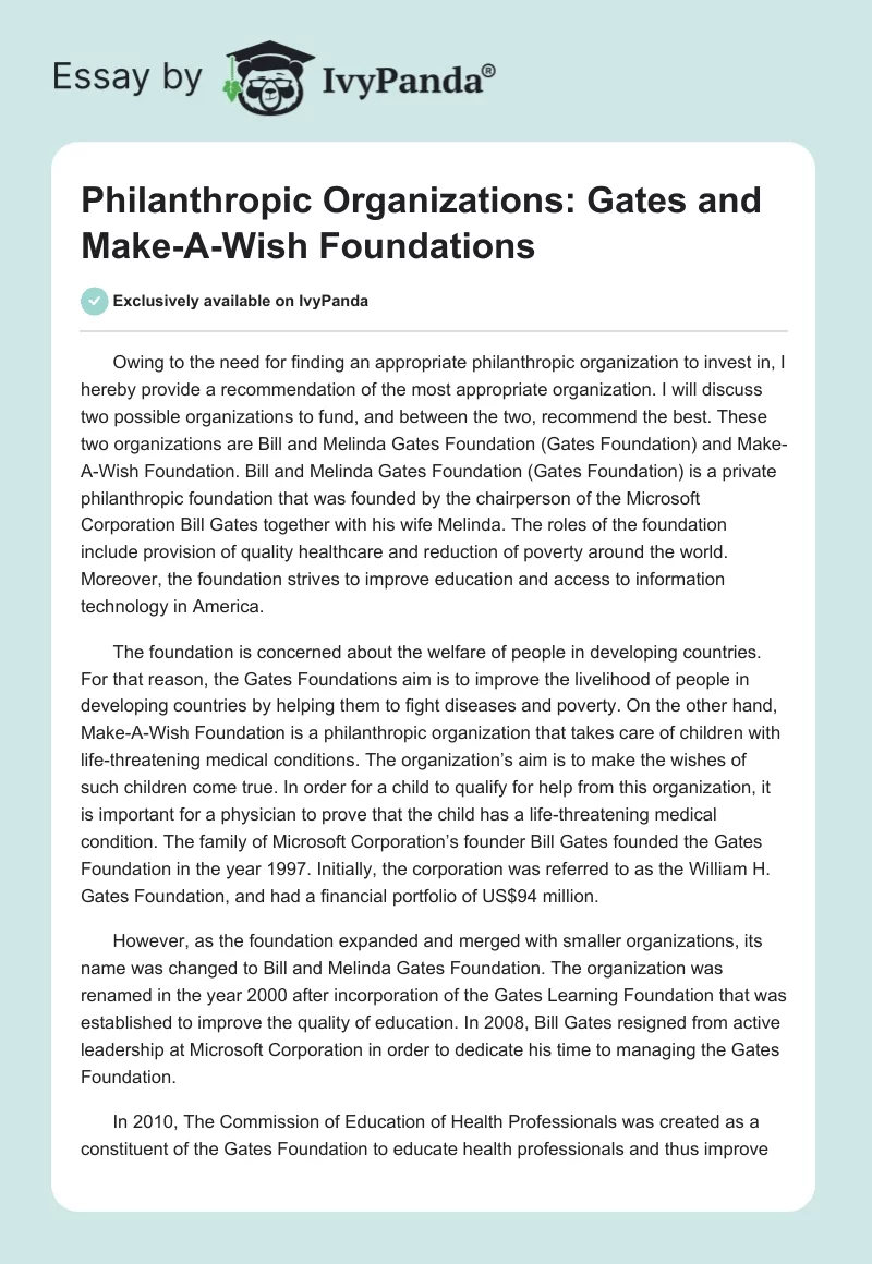 Philanthropic Organizations: Gates and Make-A-Wish Foundations. Page 1