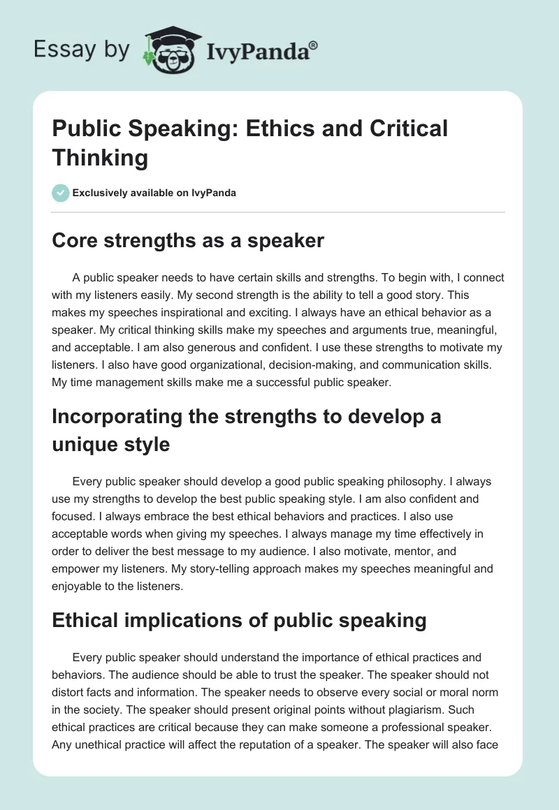 Public Speaking: Ethics and Critical Thinking. Page 1