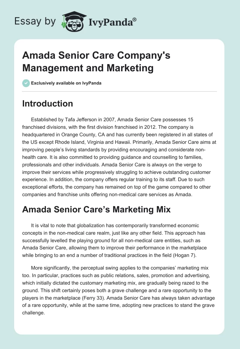 Amada Senior Care Company's Management and Marketing. Page 1