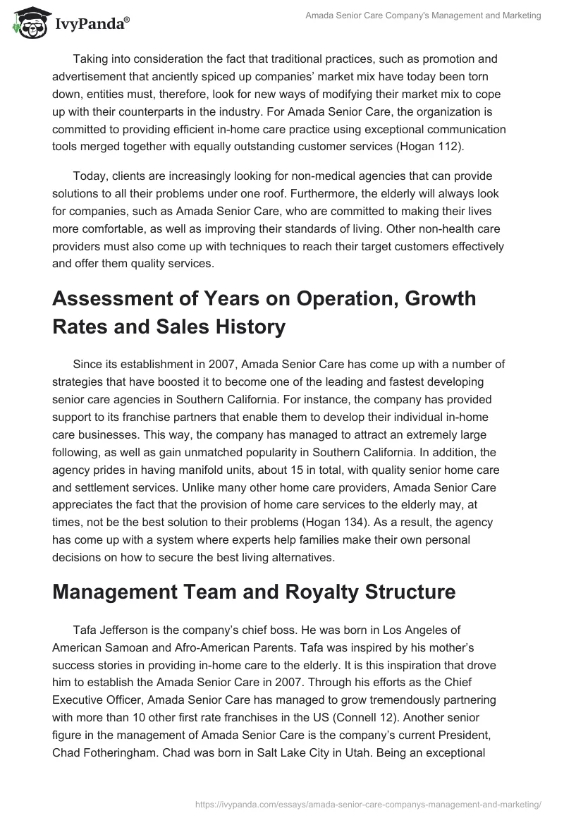 Amada Senior Care Company's Management and Marketing. Page 2