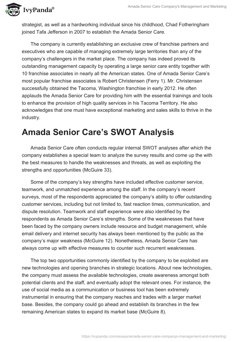 Amada Senior Care Company's Management and Marketing. Page 3
