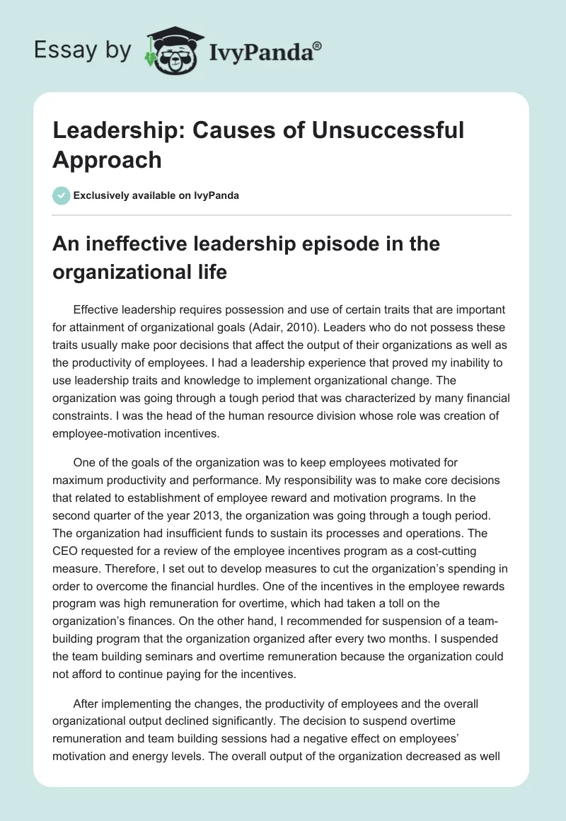 Leadership: Causes of Unsuccessful Approach. Page 1