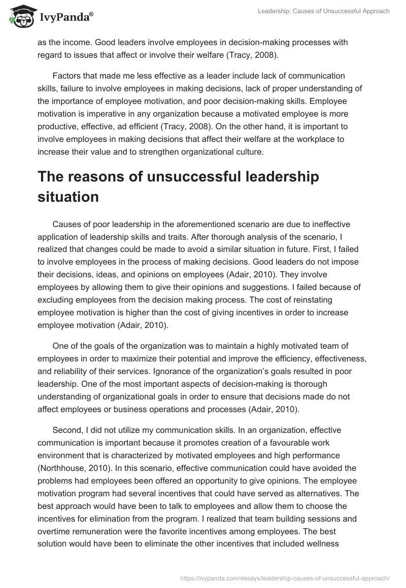Leadership: Causes of Unsuccessful Approach. Page 2