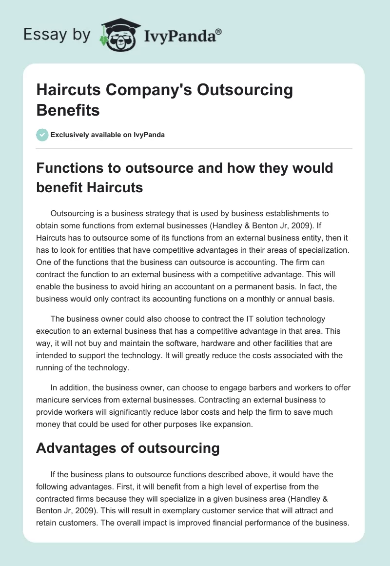 Haircuts Company's Outsourcing Benefits. Page 1