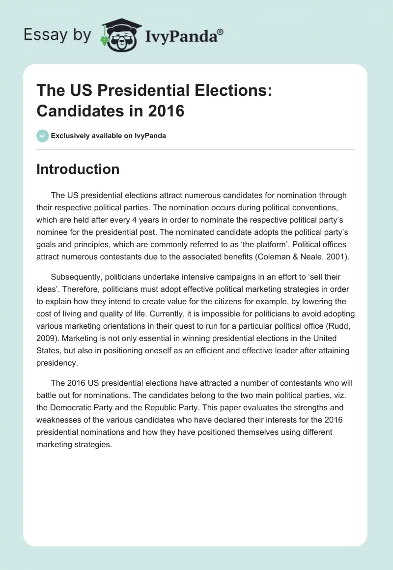 The US Presidential Elections: Candidates in 2016. Page 1