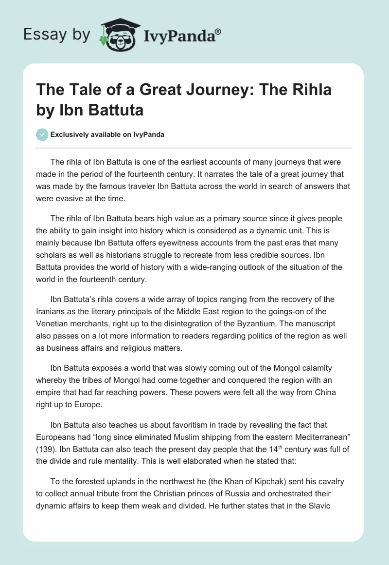 The Tale of a Great Journey: "The Rihla" by Ibn Battuta. Page 1