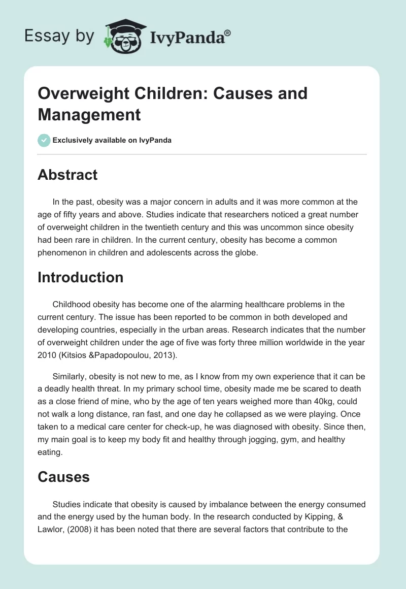 Overweight Children: Causes and Management. Page 1