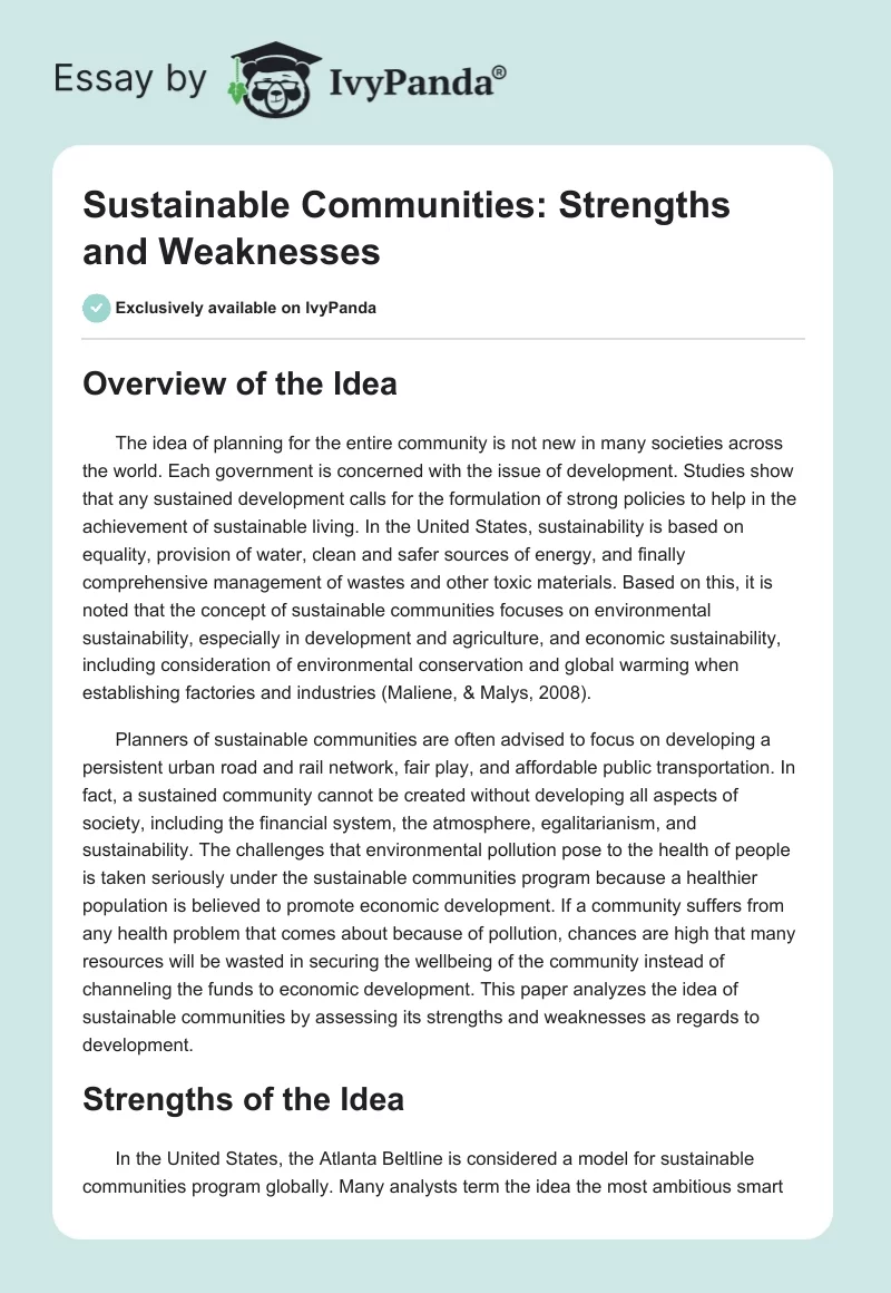 Sustainable Communities: Strengths and Weaknesses. Page 1