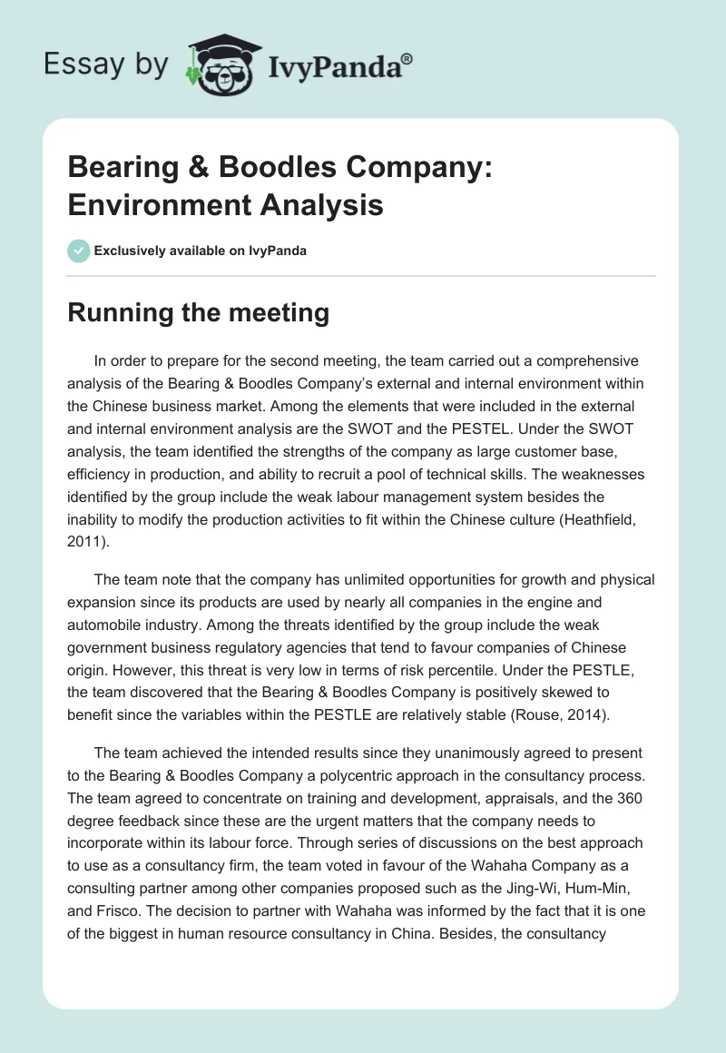 Bearing & Boodles Company: Environment Analysis. Page 1