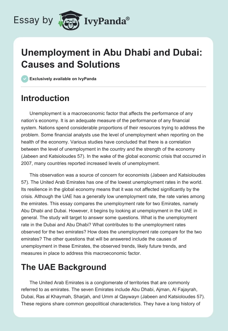 Unemployment in Abu Dhabi and Dubai: Causes and Solutions. Page 1