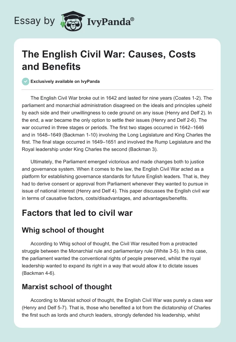 The English Civil War: Causes, Costs and Benefits. Page 1