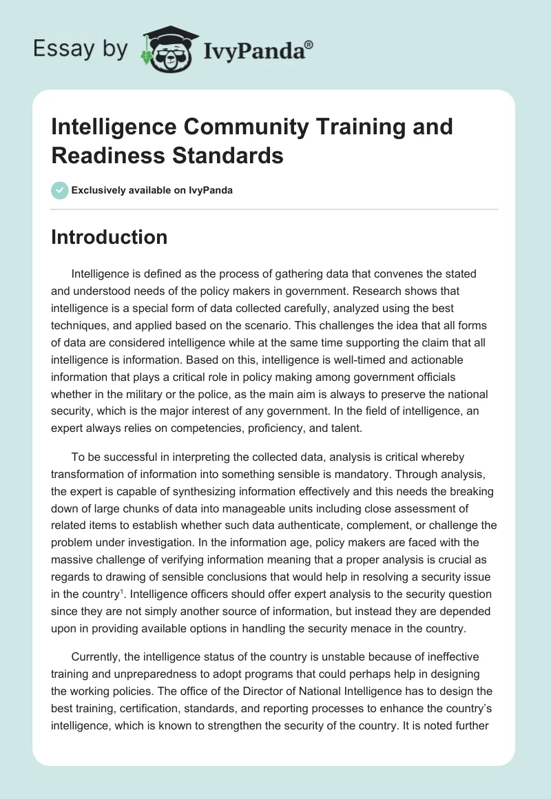 Intelligence Community Training and Readiness Standards. Page 1