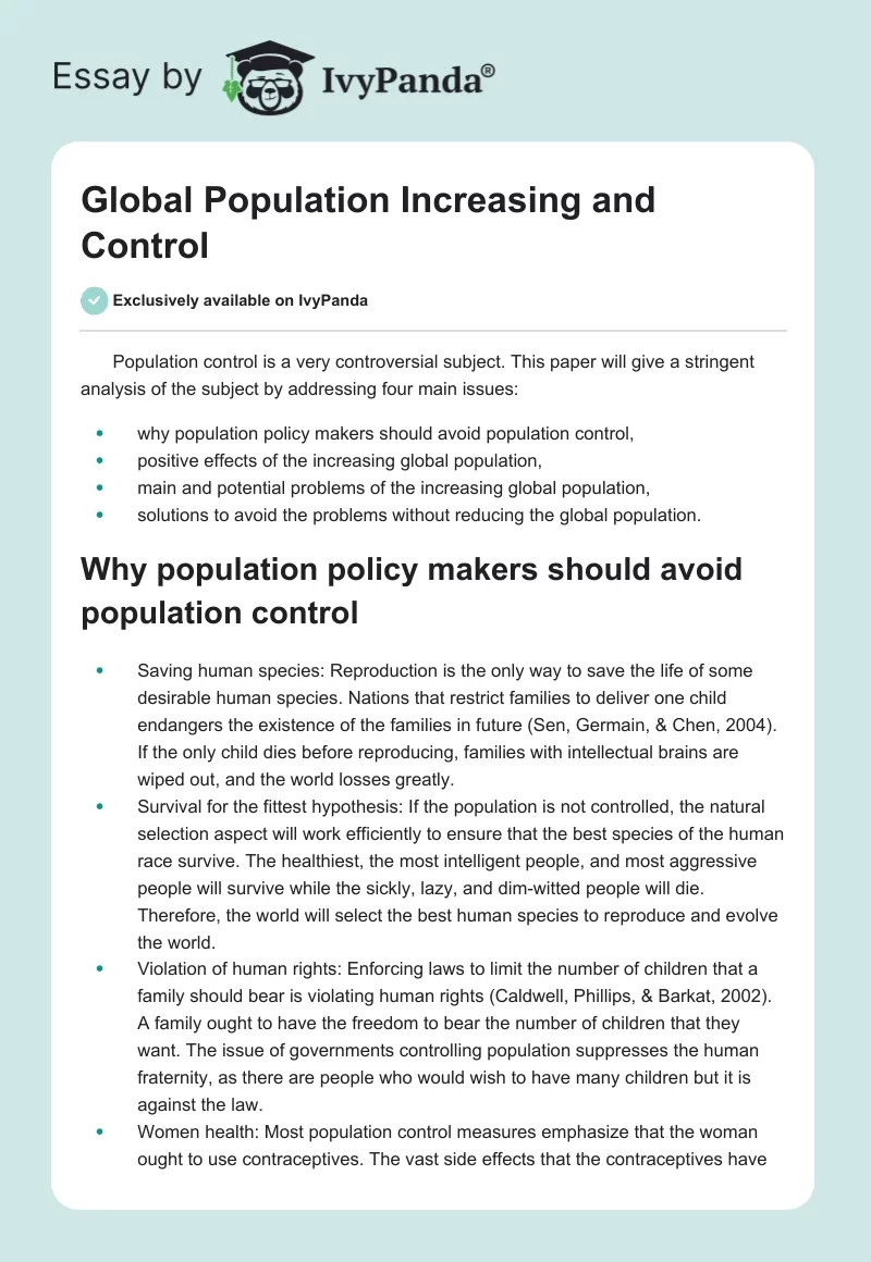 Global Population Increasing and Control. Page 1