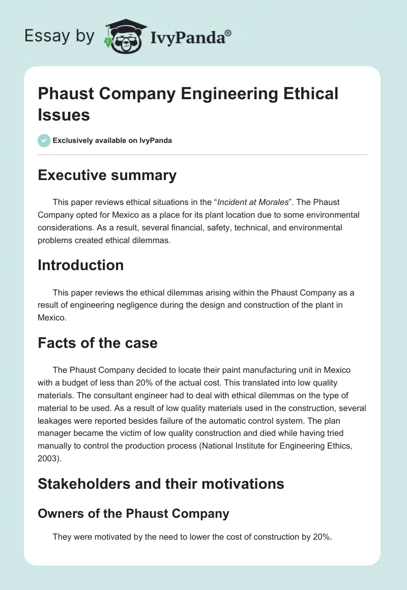 Phaust Company Engineering Ethical Issues. Page 1