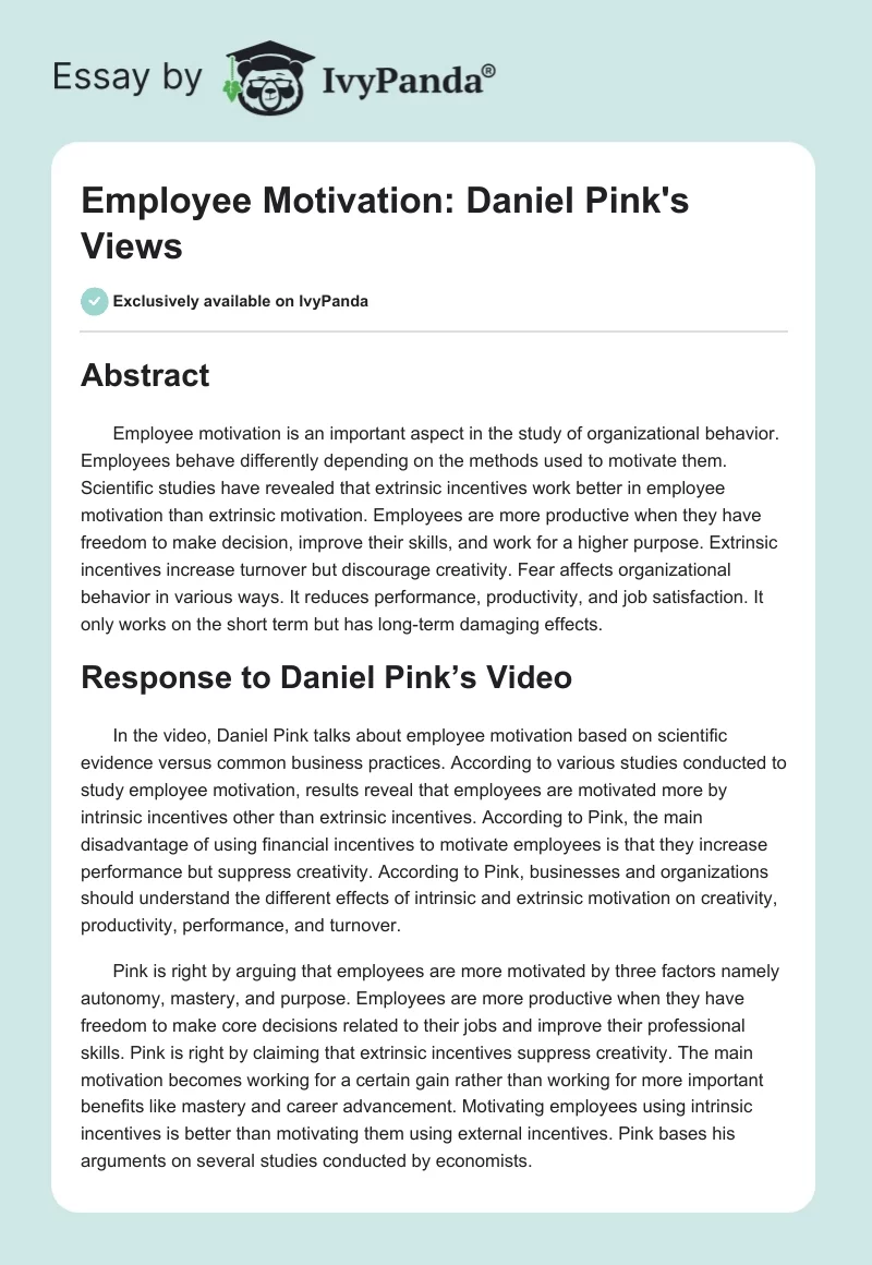 Employee Motivation: Daniel Pink's Views. Page 1