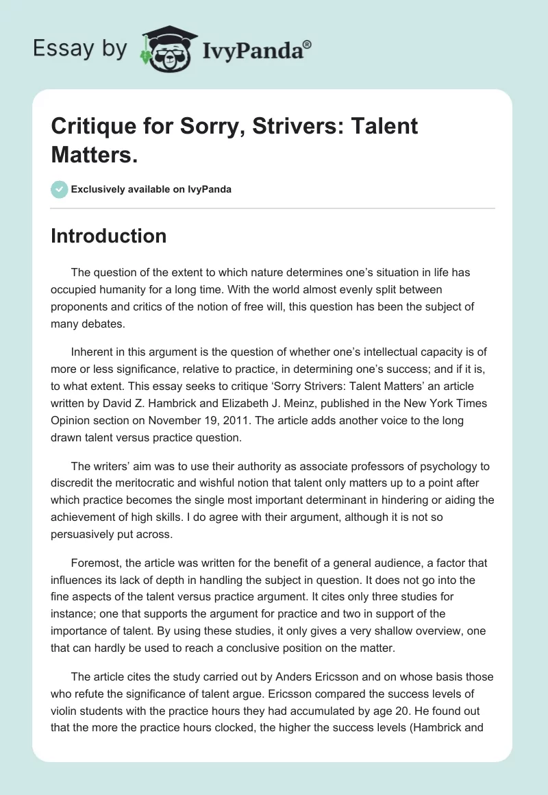 Critique for "Sorry, Strivers: Talent Matters.". Page 1