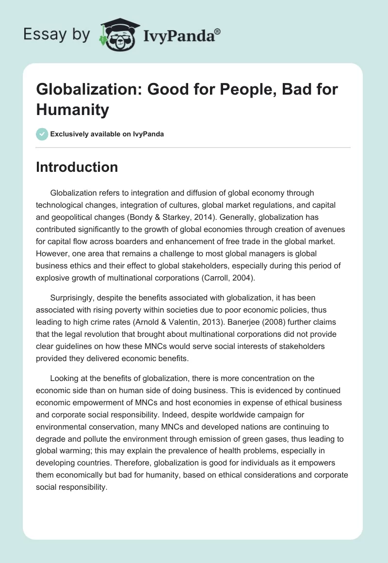 Globalization: Good for People, Bad for Humanity. Page 1
