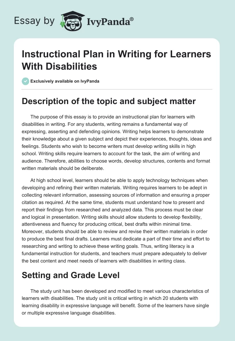 Instructional Plan in Writing for Learners With Disabilities. Page 1