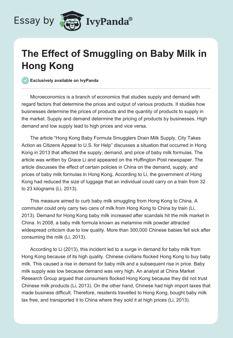 The Effect of Smuggling on Baby Milk in Hong Kong. Page 1
