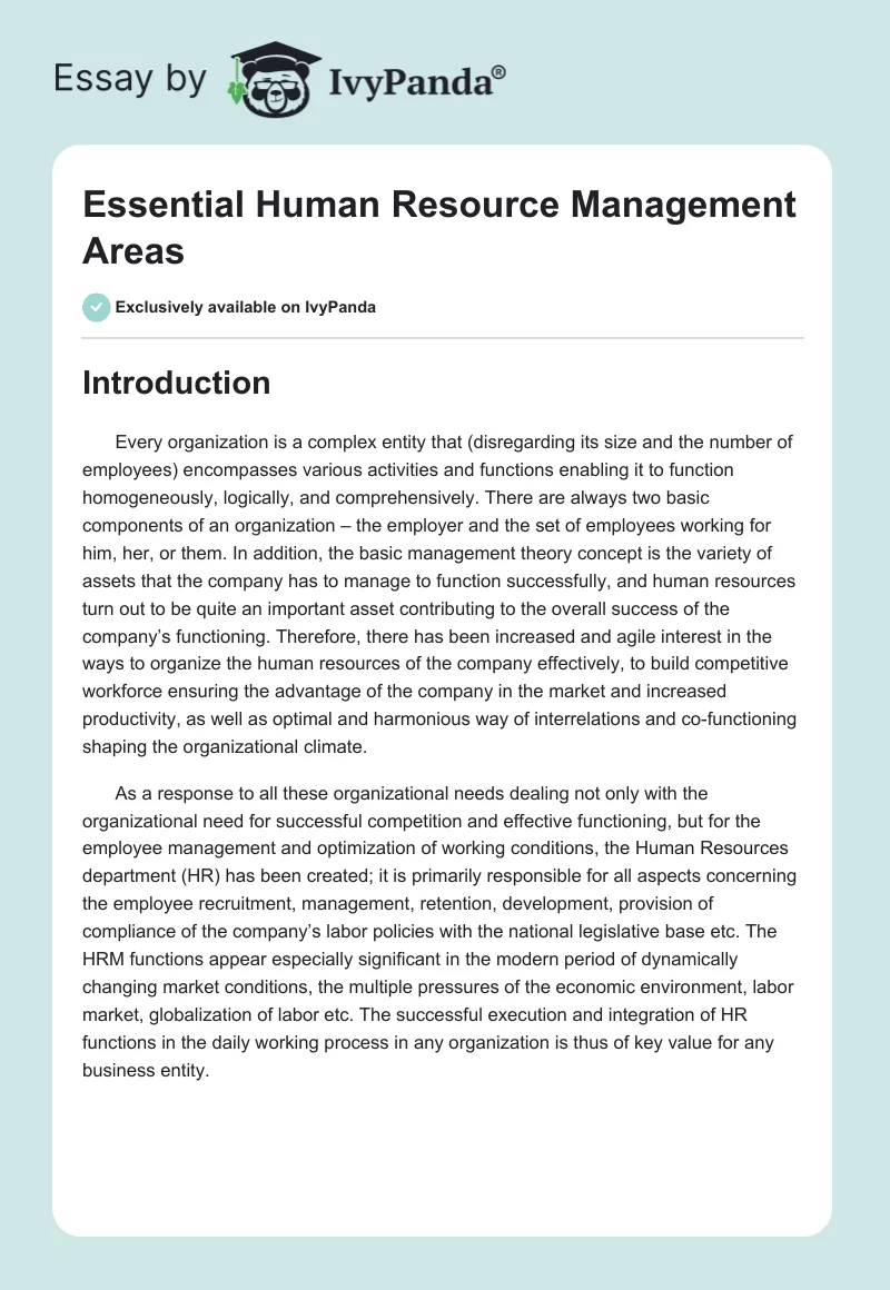 Essential Human Resource Management Areas. Page 1