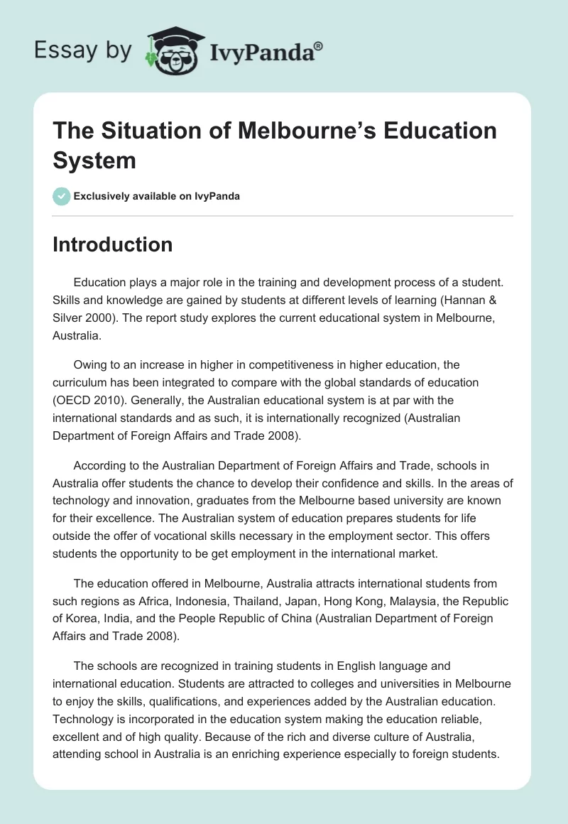 The Situation of Melbourne’s Education System. Page 1