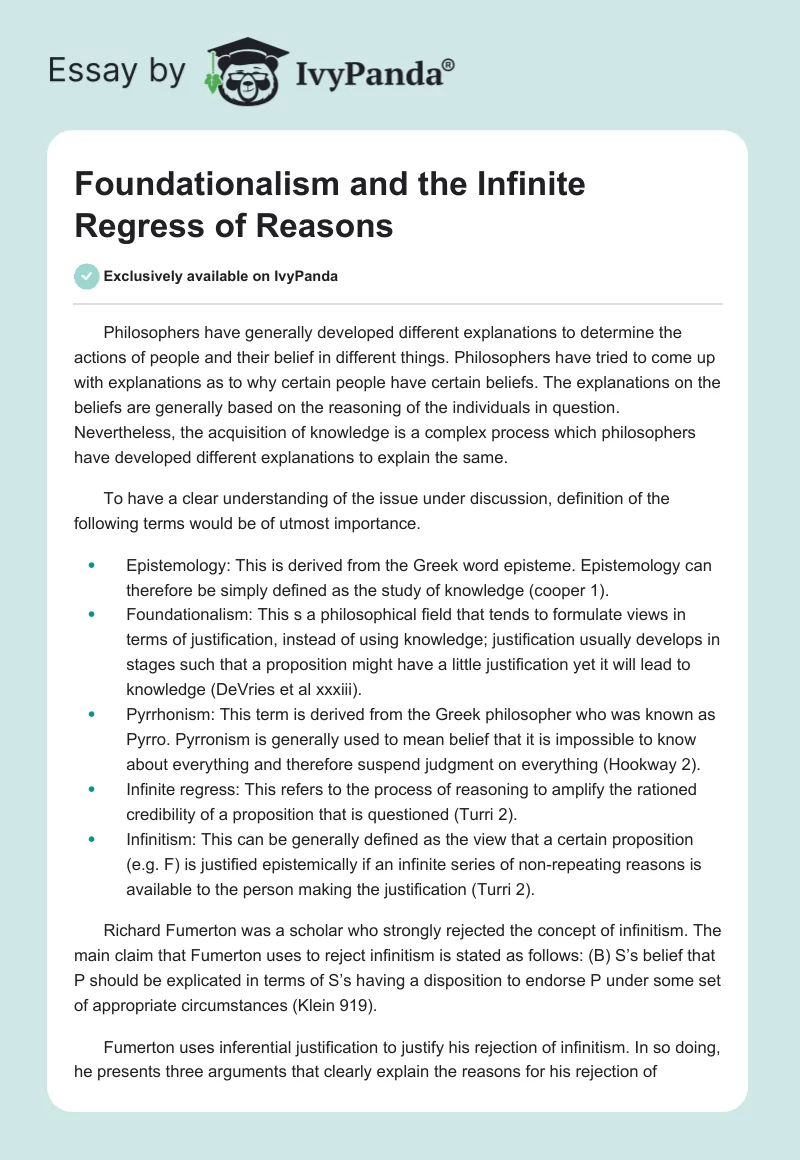 Foundationalism and the Infinite Regress of Reasons. Page 1