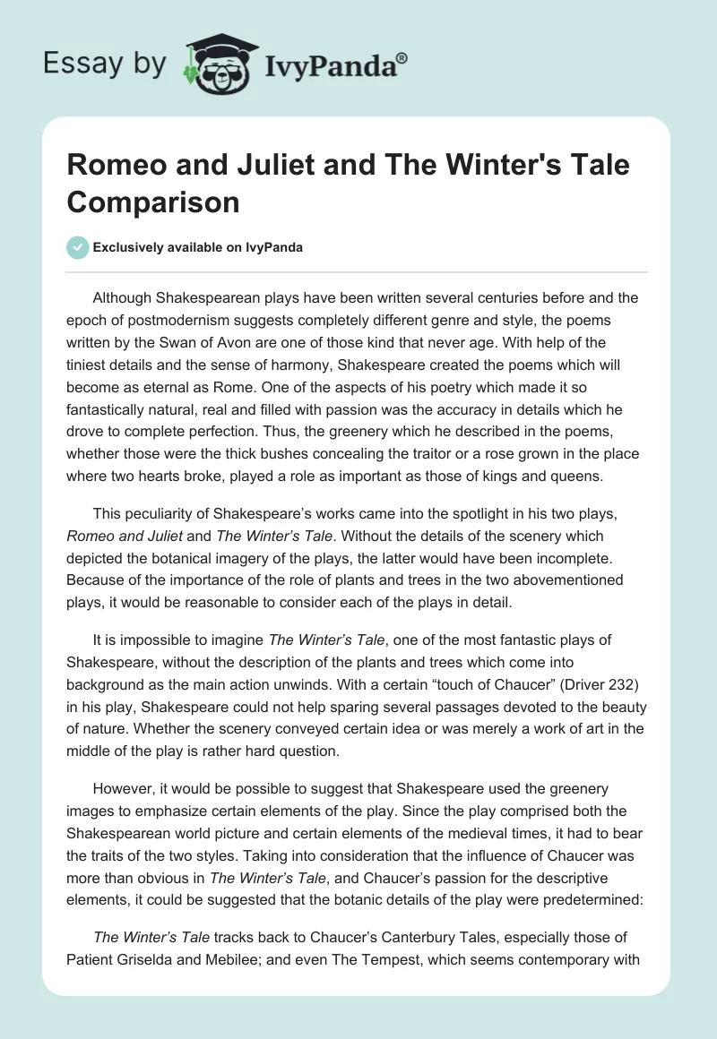 "Romeo and Juliet" and "The Winter's Tale" Comparison. Page 1