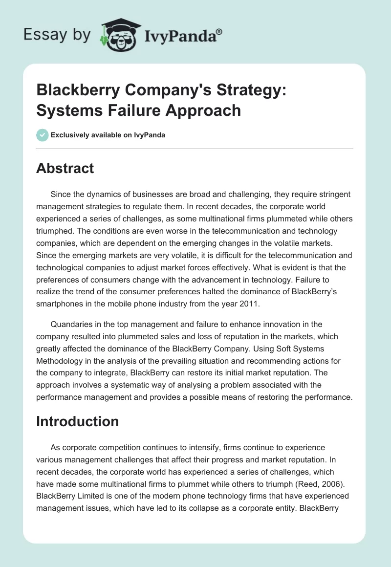 Blackberry Company's Strategy: Systems Failure Approach. Page 1