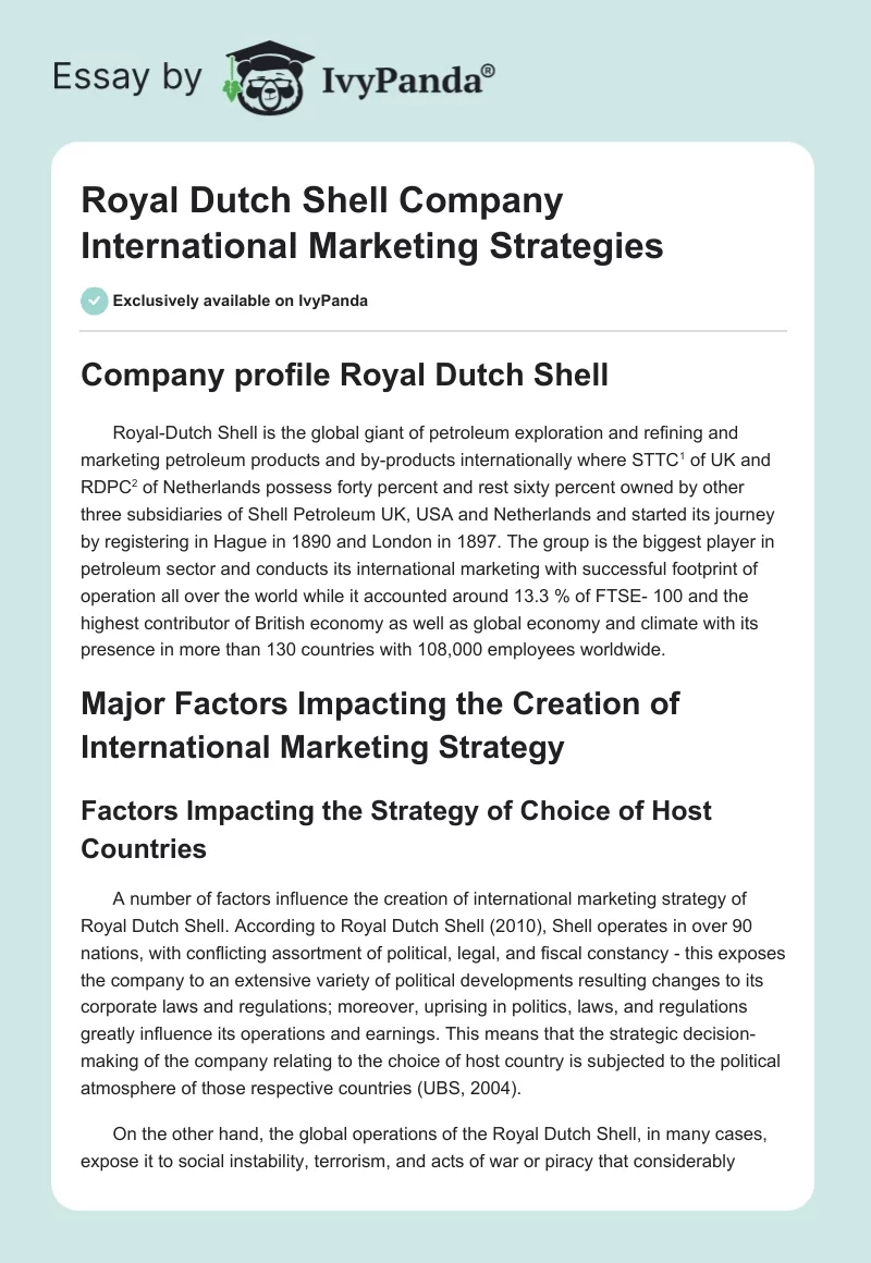 Royal Dutch Shell Company International Marketing Strategies. Page 1