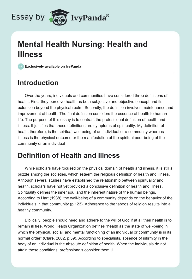 Mental Health Nursing: Health and Illness. Page 1
