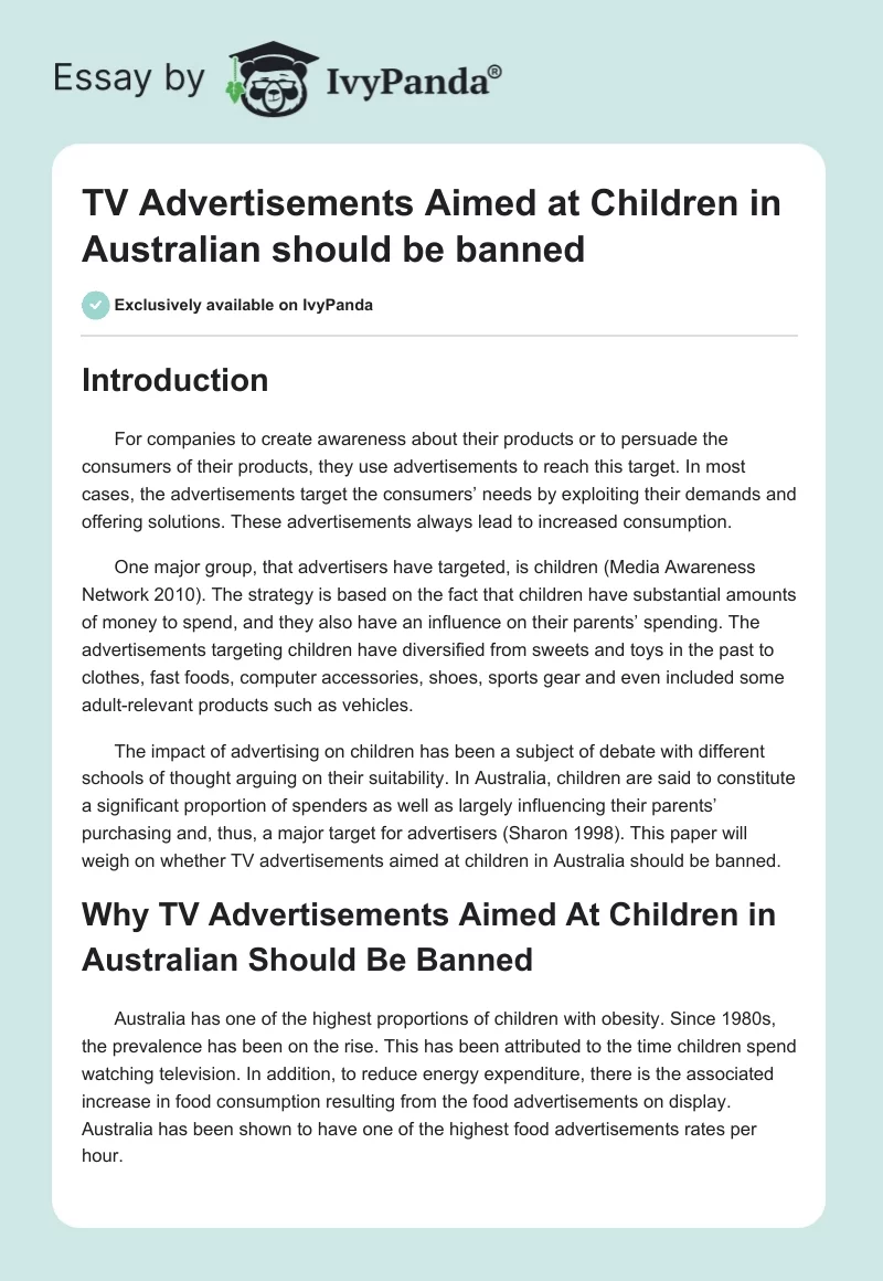TV Advertisements Aimed at Children in Australian should be banned. Page 1