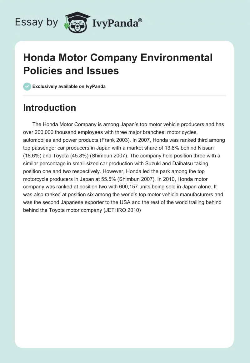 Honda Motor Company Environmental Policies and Issues. Page 1