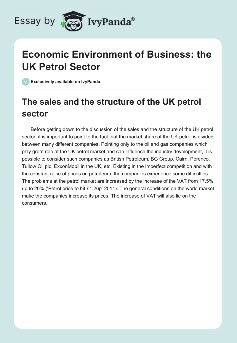 Economic Environment of Business: the UK Petrol Sector. Page 1