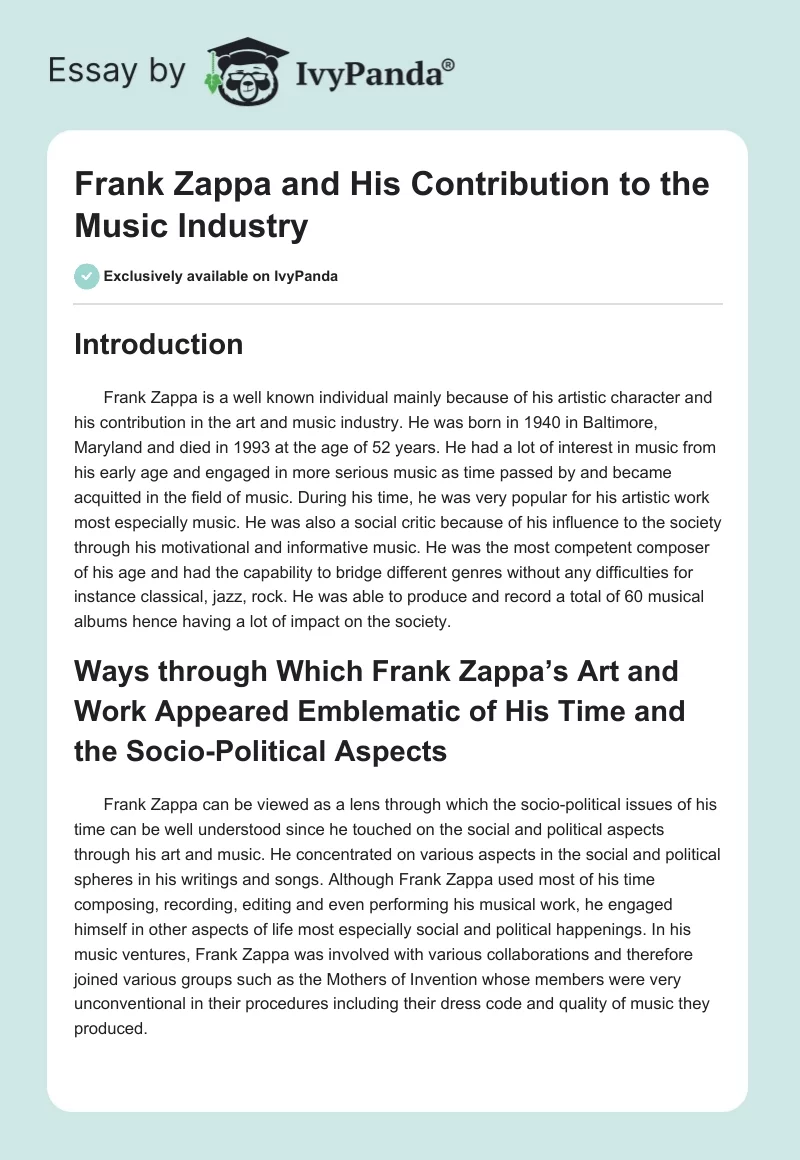 Frank Zappa and His Contribution to the Music Industry. Page 1