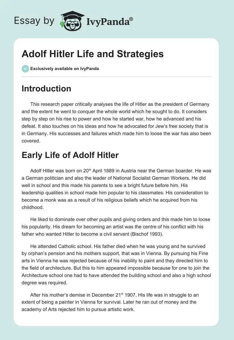 Adolf Hitler Life and Strategies. Page 1