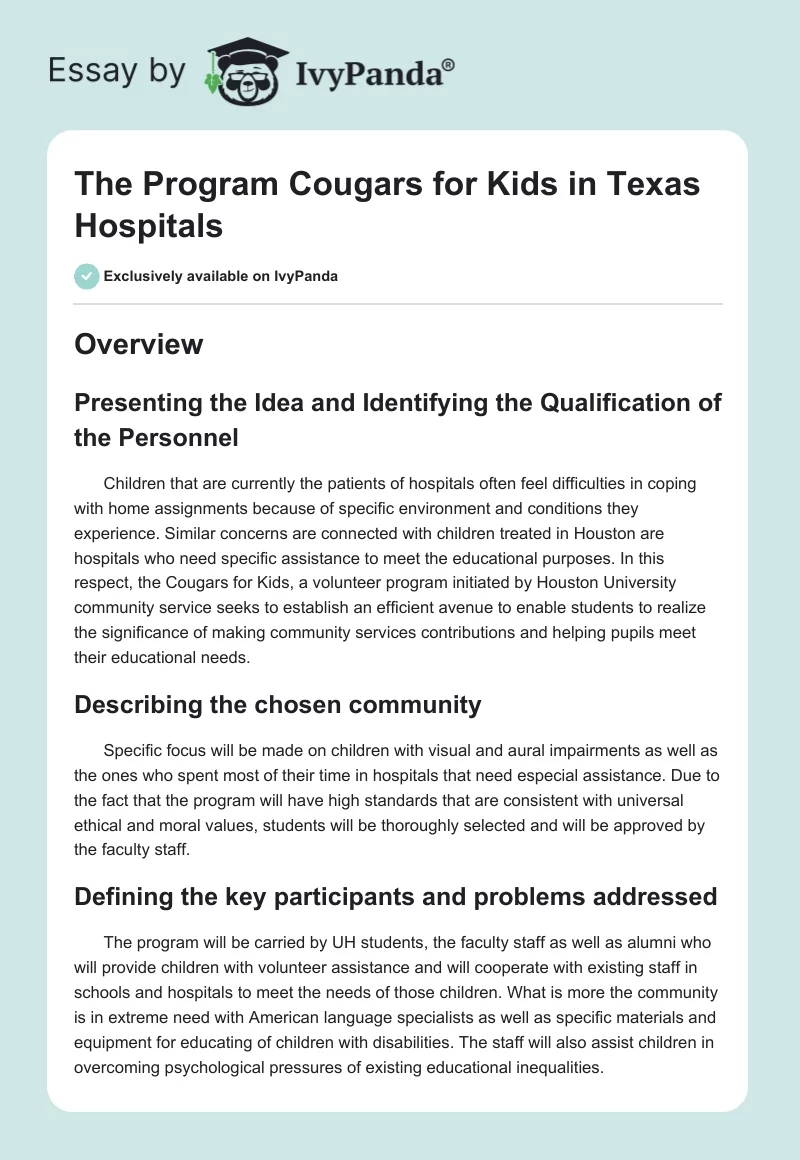 The Program "Cougars for Kids" in Texas Hospitals. Page 1