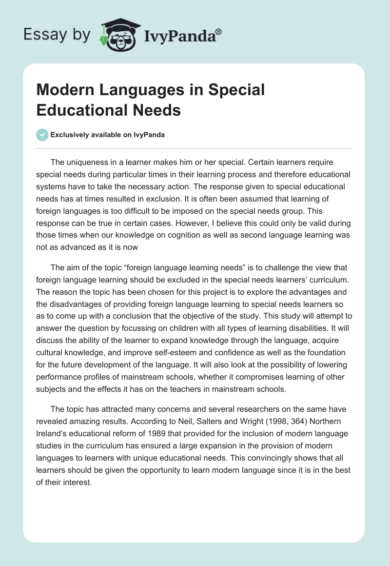 Modern Languages in Special Educational Needs. Page 1