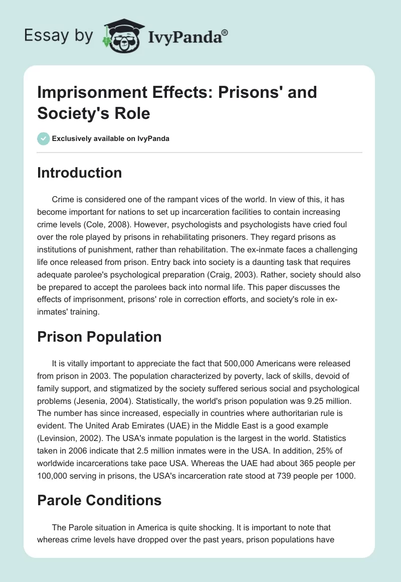 Imprisonment Effects: Prisons' and Society's Role. Page 1