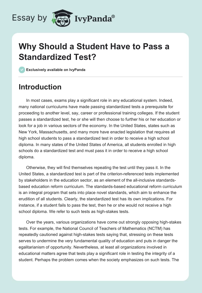 Why Should a Student Have to Pass a Standardized Test?. Page 1